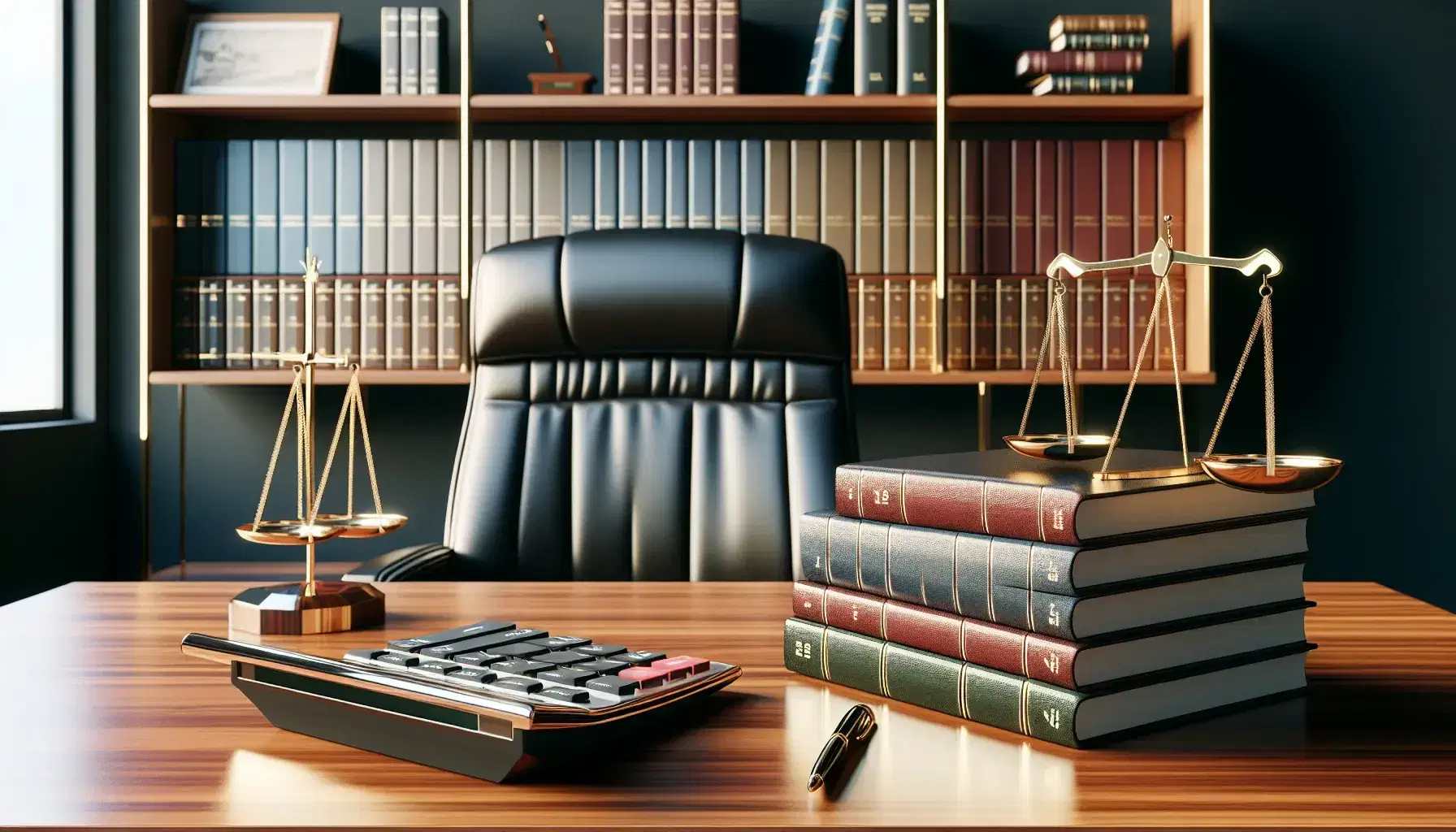 Polished wooden desk with modern calculator, balanced brass scale, and stack of colorful ledger books, behind which sits a black leather executive chair.
