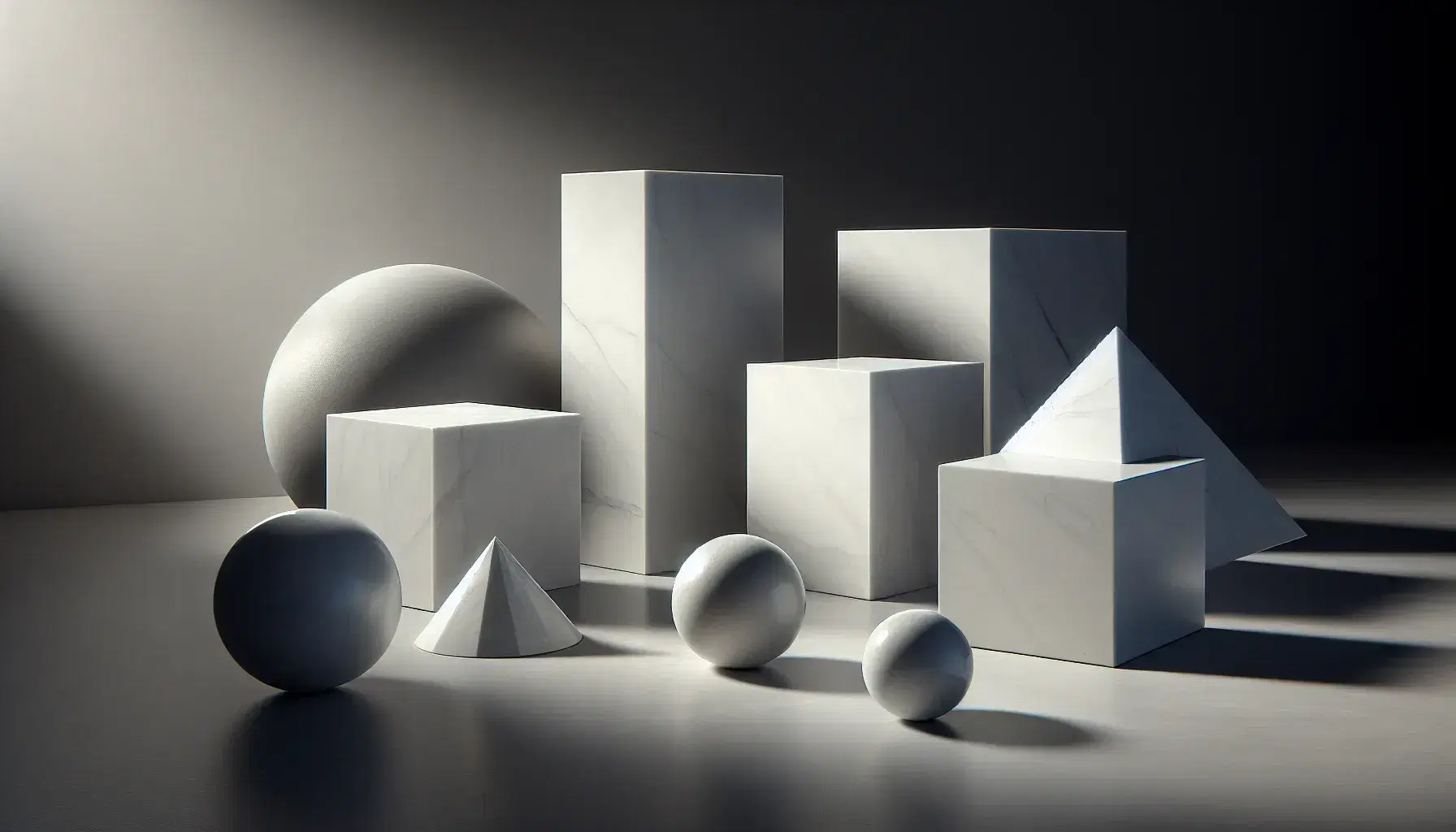 Figuras geométricas sólidas de piedra sobre superficie de mármol, incluyendo un cubo, esfera, cono y cilindro con juego de luces y sombras.