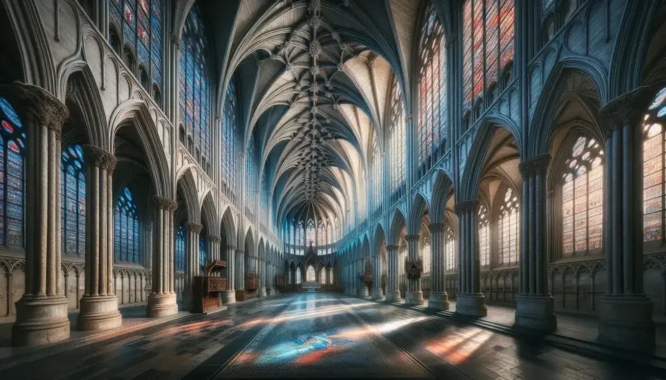 Interno di cattedrale gotica con volte a crociera, colonne slanciate, vetrate policrome e archi ogivali che creano un'atmosfera eterea.