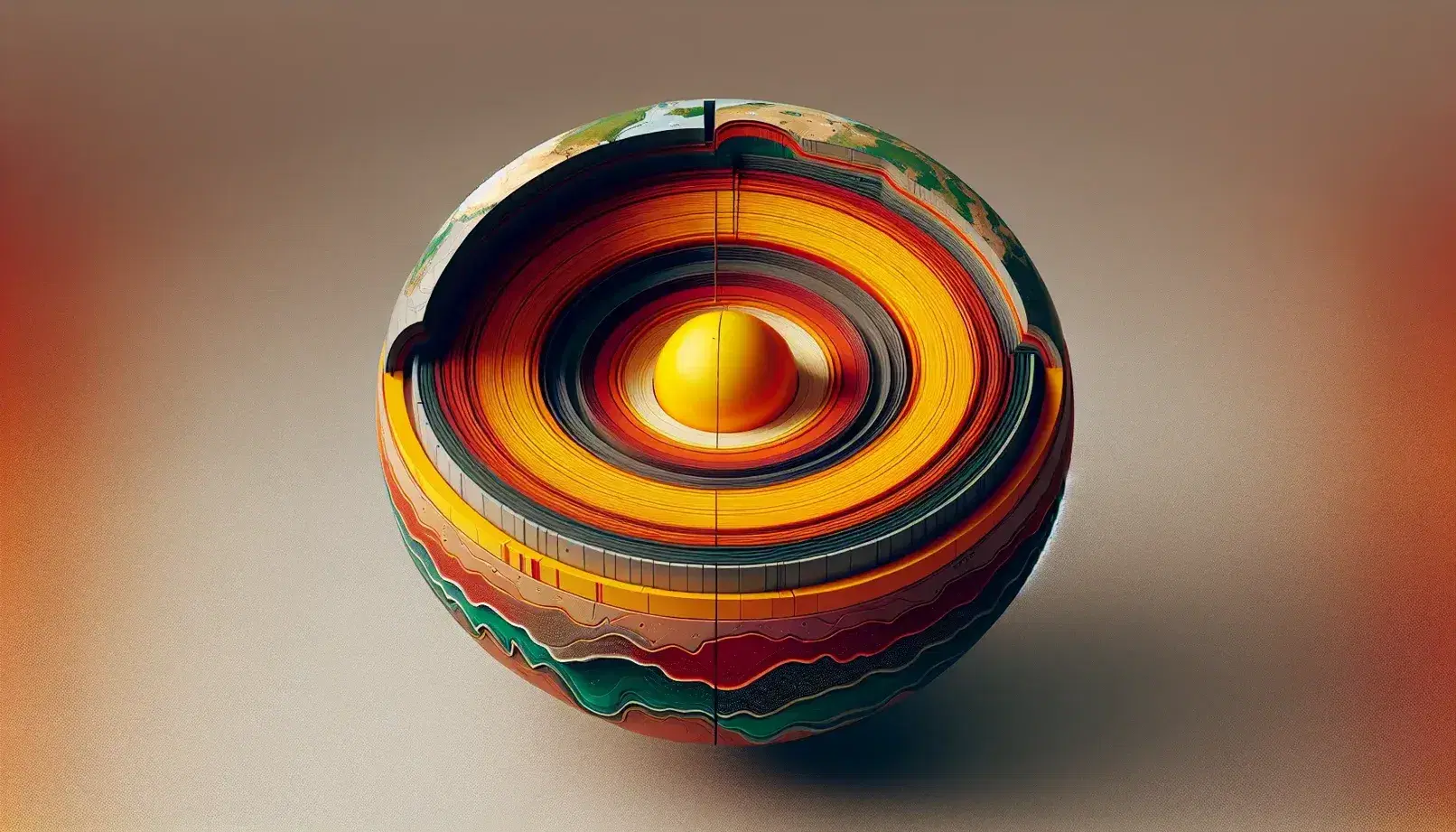 Sección transversal esférica de la Tierra mostrando capas internas, con núcleo interno amarillo, núcleo externo naranja, manto inferior rojo oscuro, manto superior rojo claro y corteza terrestre en tonos marrones y verdes.