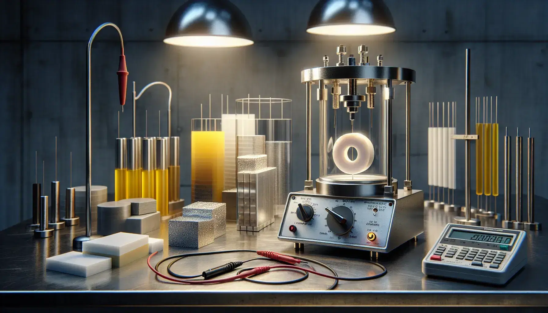 Laboratory setup with high-voltage dielectric breakdown tester, various dielectric materials including polyimide film, mica sheets, acrylic block, and a digital multimeter.