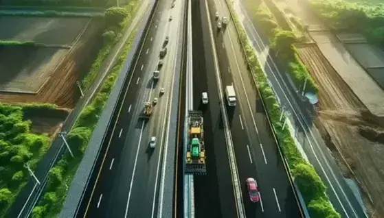 Vista aérea de carretera recién asfaltada con líneas blancas, rodeada de vegetación verde y máquina pavimentadora amarilla en acción bajo un cielo despejado.