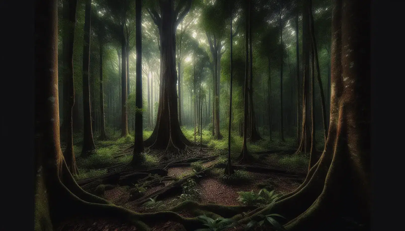 Foresta intricata con alberi alti, tronchi spessi, tappeto di foglie morte e radici serpeggianti, luce dorata filtra tra le chiome.