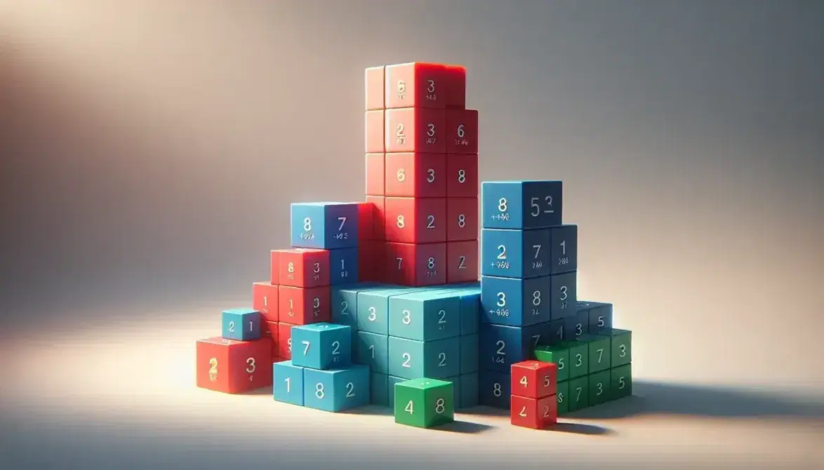 Blocchi cubici colorati impilati in tre colonne per rappresentare potenze crescenti, con ombre morbide su superficie liscia.