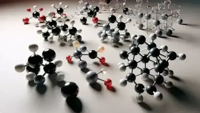 Modelli molecolari 3D con atomi colorati e legami, rappresentanti strutture di carbonio sp3, sp2 e sp su superficie liscia.