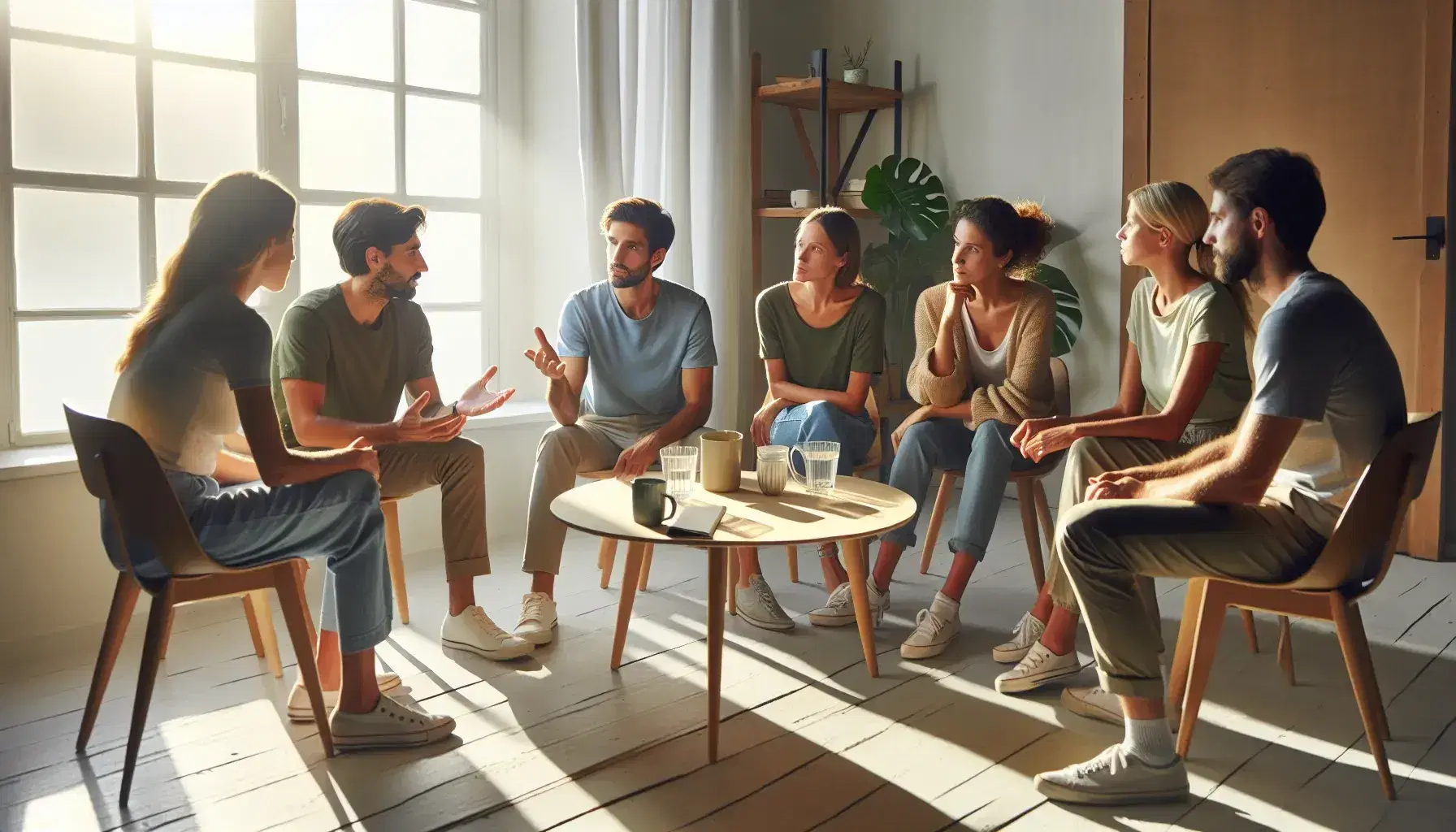 Grupo diverso de cinco personas sentadas en círculo en una sala iluminada naturalmente, conversando alrededor de una mesa con tazas, en un ambiente relajado.
