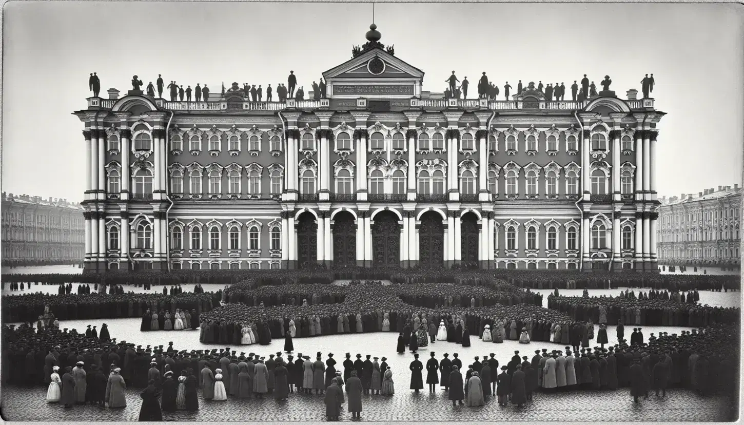 Facciata neoclassica del Palazzo d'Inverno a San Pietroburgo con folla in abiti d'epoca davanti.