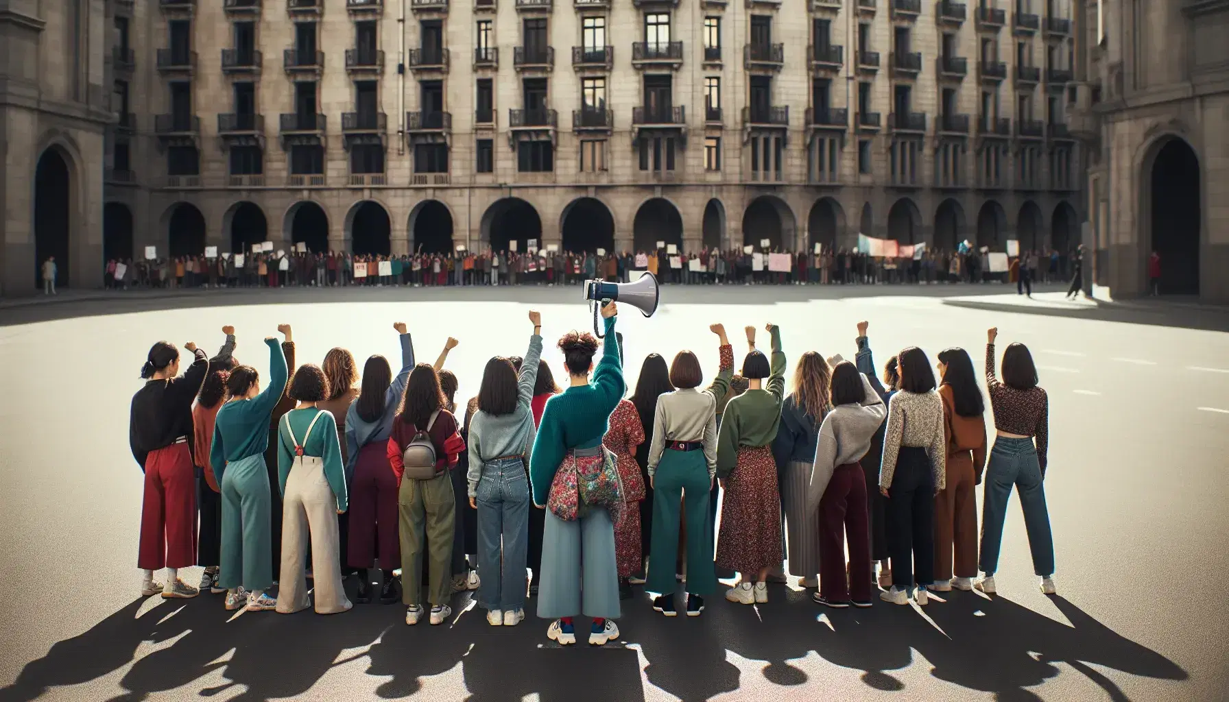 Grupo diverso de mujeres en manifestación pacífica, una con megáfono, bajo cielo despejado y edificios neutros de fondo.