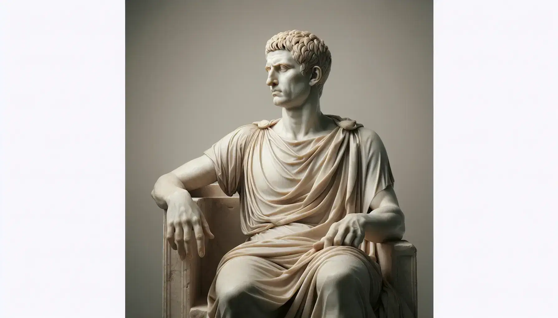 Statua in marmo di uomo romano maturo seduto su sedia di pietra, con toga drappeggiata e sguardo contemplativo.