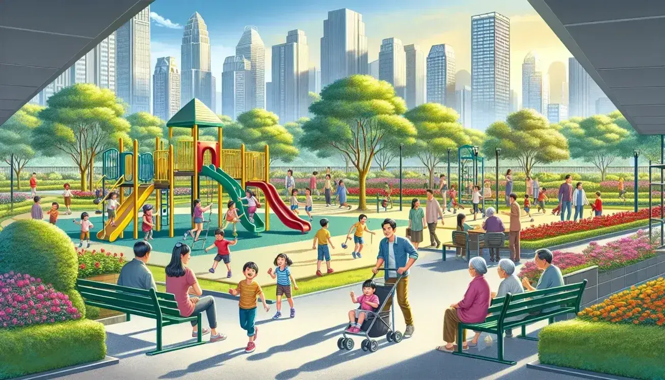Children play on yellow climbing frames, red slides, and blue swings in a vibrant urban park with adults on green benches, amidst a city skyline backdrop.