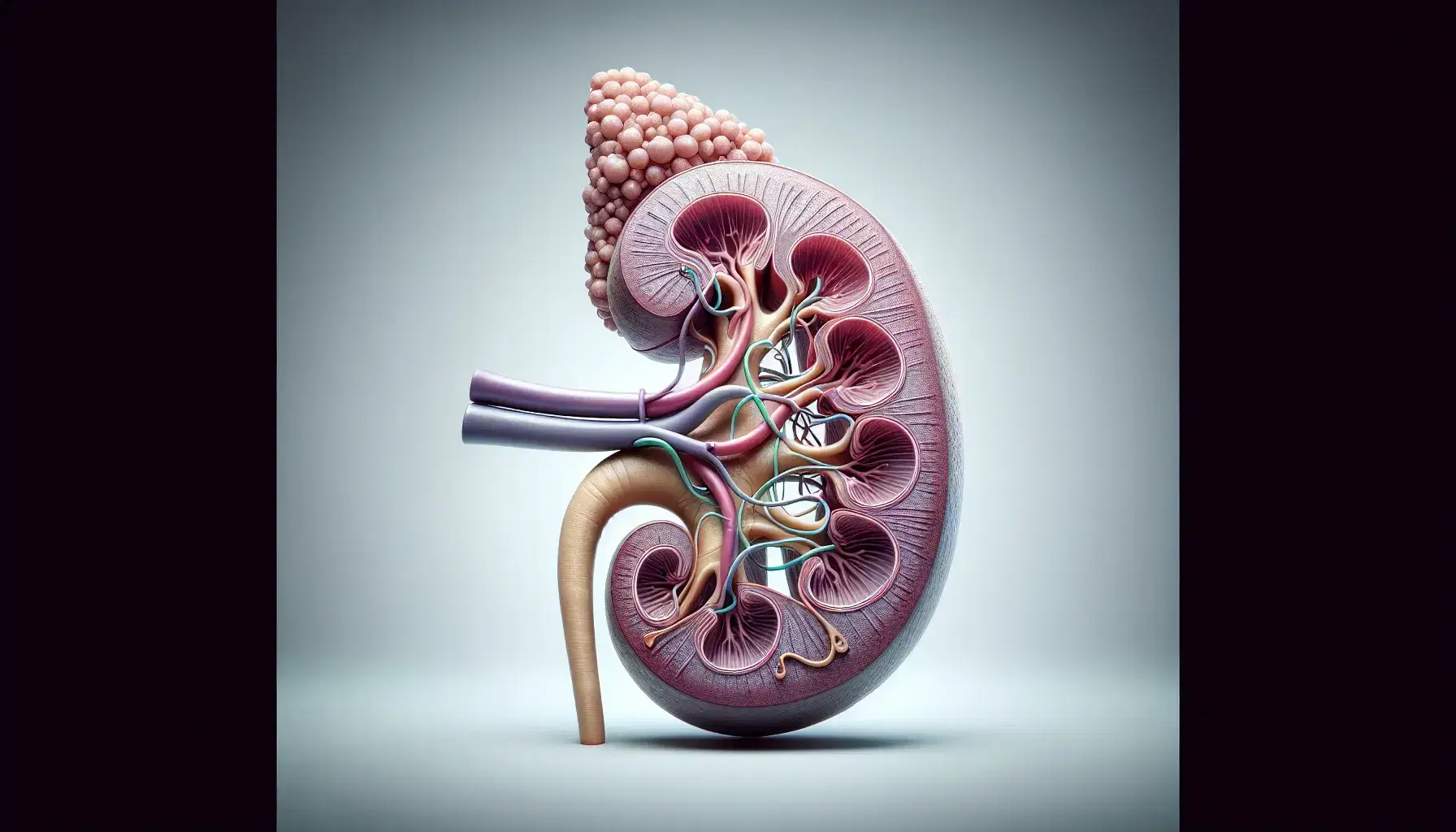 Detailed 3D rendering of a kidney nephron highlighting the renal corpuscle, proximal and distal convoluted tubules, loop of Henle, and collecting duct.