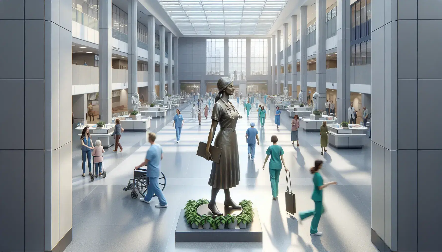 Modern hospital atrium with bronze statue of nurse, healthcare staff and patients, natural lighting and green plants.