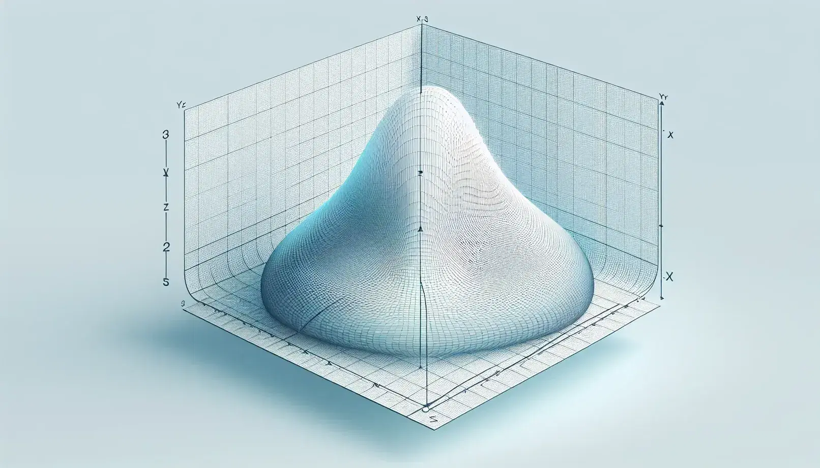 Three-dimensional Cartesian coordinate system with axes and a semi-transparent blue gradient mound shape peaking along the z-axis.