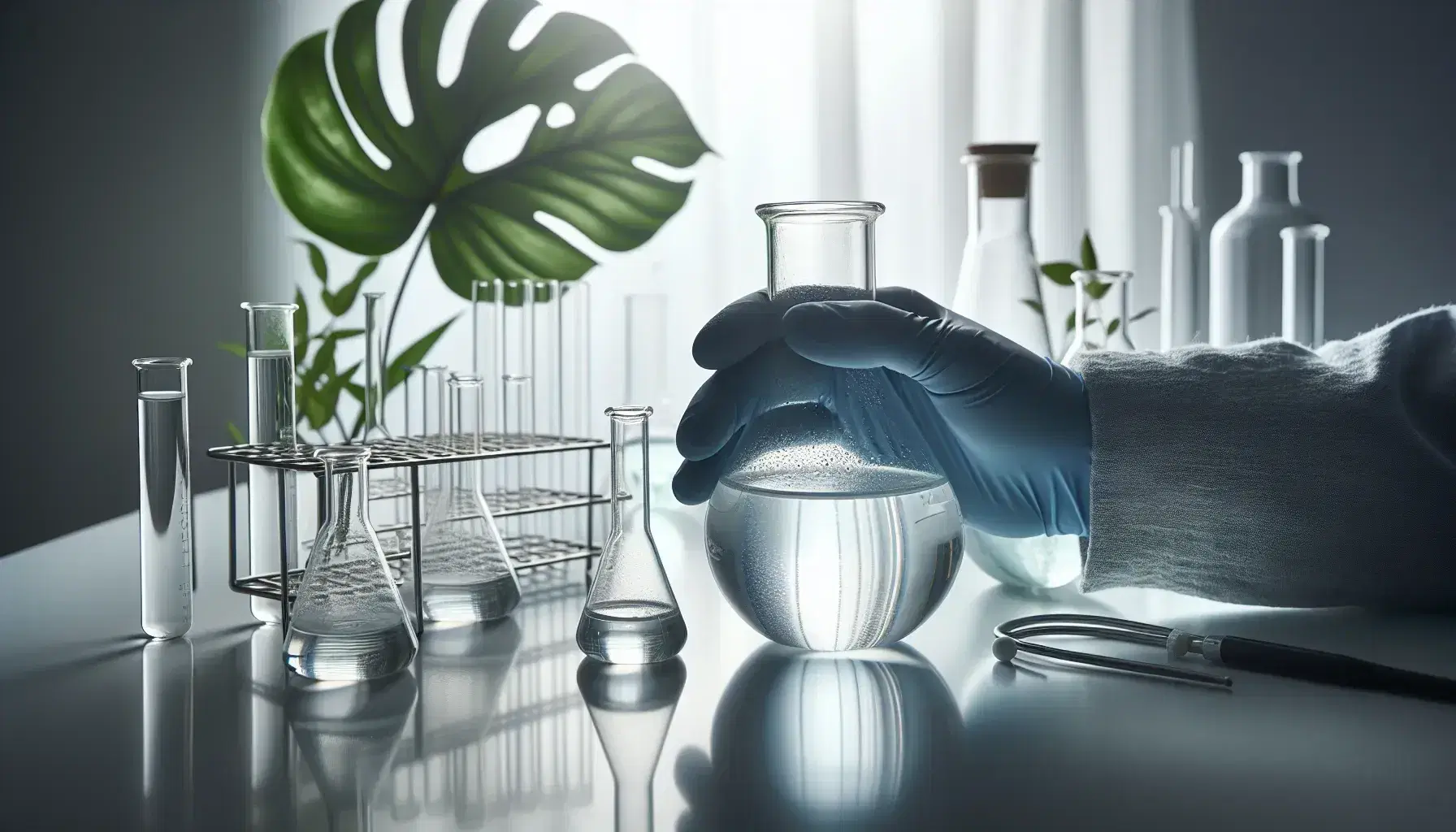 Close-up view of a gloved hand holding a glass flask with clear liquid in a lab, with out-of-focus glassware and a green plant in the background.