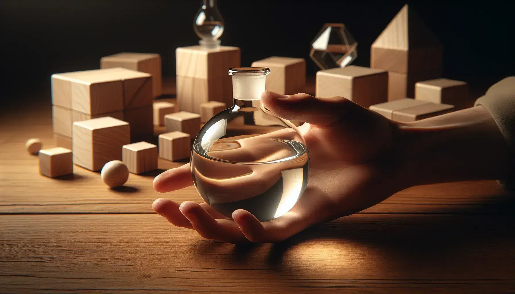Close-up view of a hand holding a round-bottomed glass flask with clear liquid, against a backdrop of assorted wooden geometric blocks on a table.
