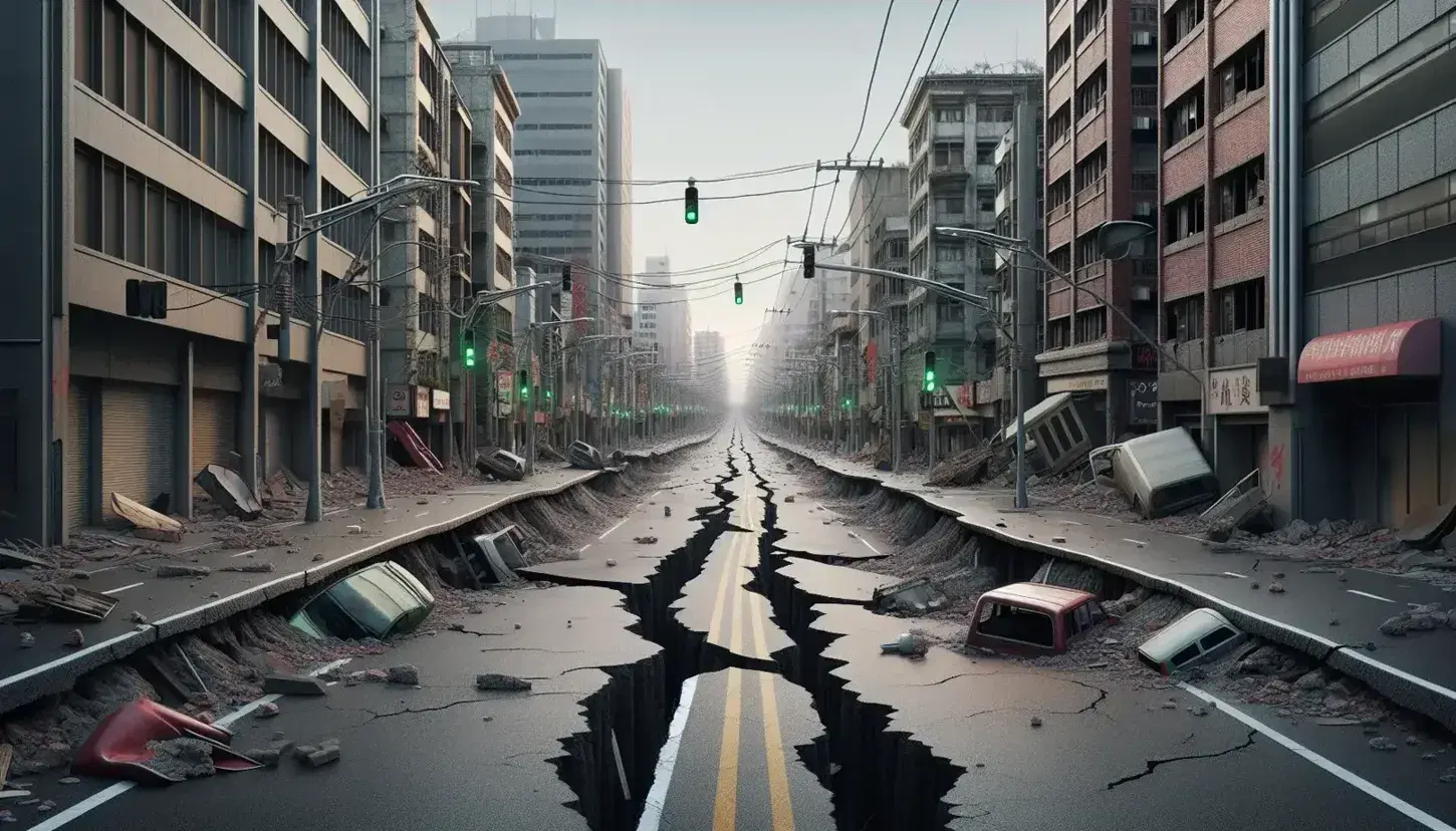Paesaggio urbano post-terremoto con strada crepata, edifici danneggiati, semaforo pendente e auto rovesciate, sotto un cielo grigio.