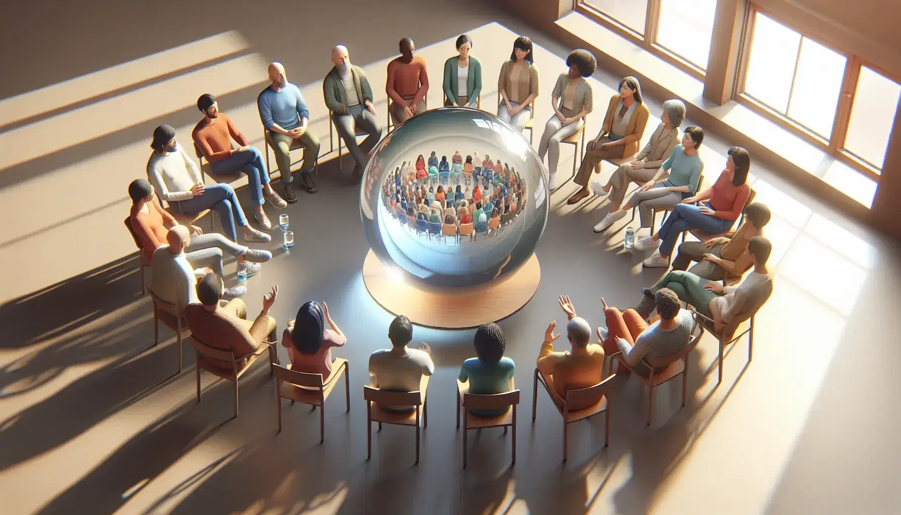 Multi-ethnic group sitting in semi-circle discussing around glass sphere on wooden stand, reflecting faces and bright colours.