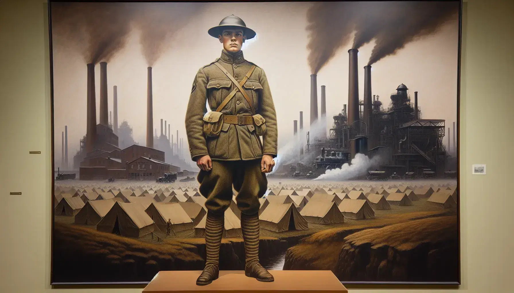 American soldier in World War I uniform in front of industrial landscape and military camp with tents.