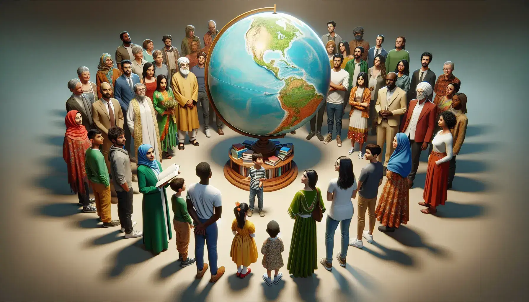 Grupo multicultural de personas de diferentes edades y vestimentas alrededor de un globo terráqueo, compartiendo conocimientos y culturas en un ambiente de aprendizaje.