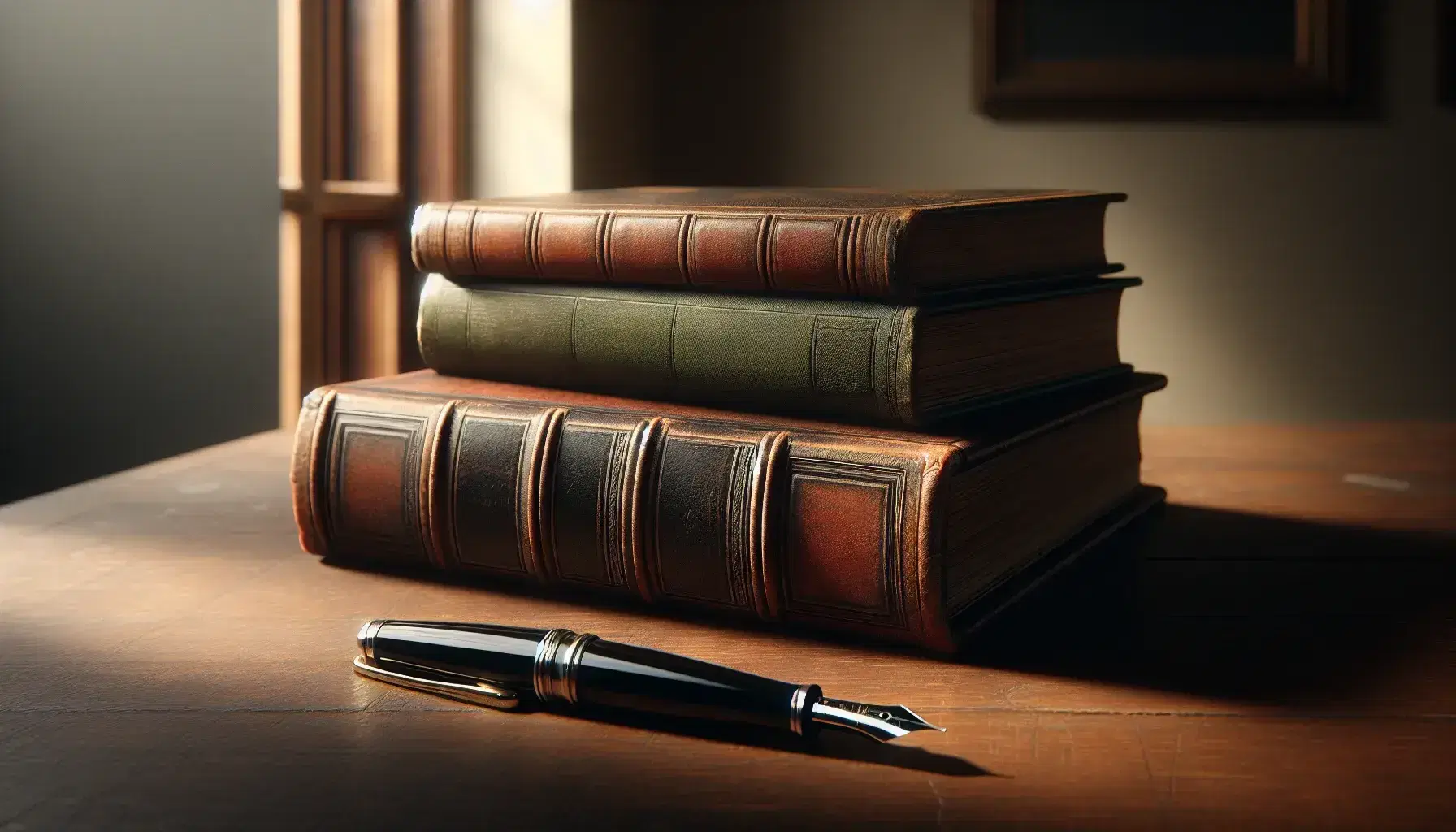 Tres libros apilados sobre mesa de madera oscura, el inferior de cuero marrón antiguo, uno mediano verde y uno pequeño rojo, junto a pluma estilográfica negra con detalles plateados.