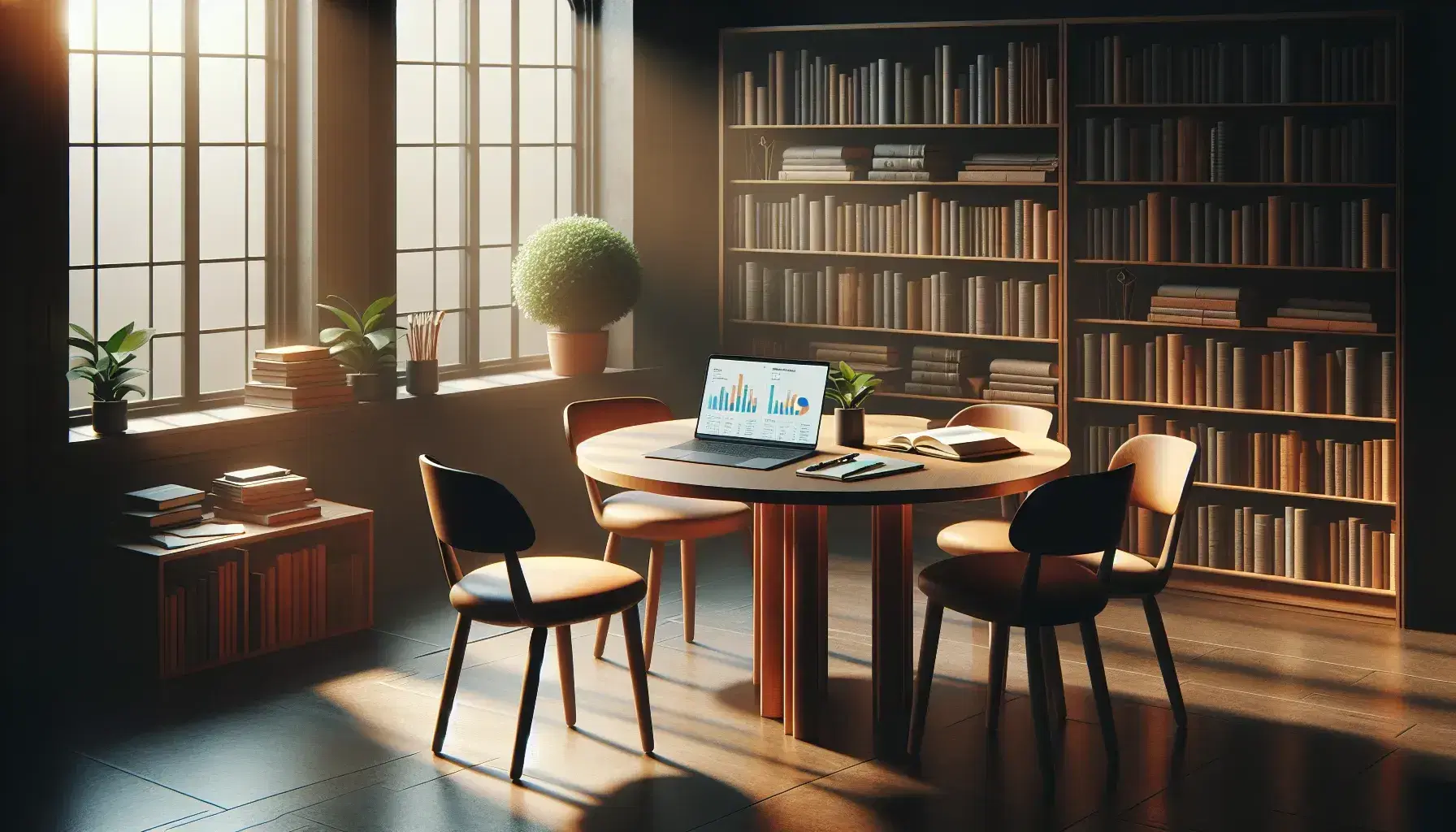 Espacio de estudio con mesa redonda, sillas, portátil con gráficos, libreta y pluma, estantería con libros y planta verde bajo luz natural.