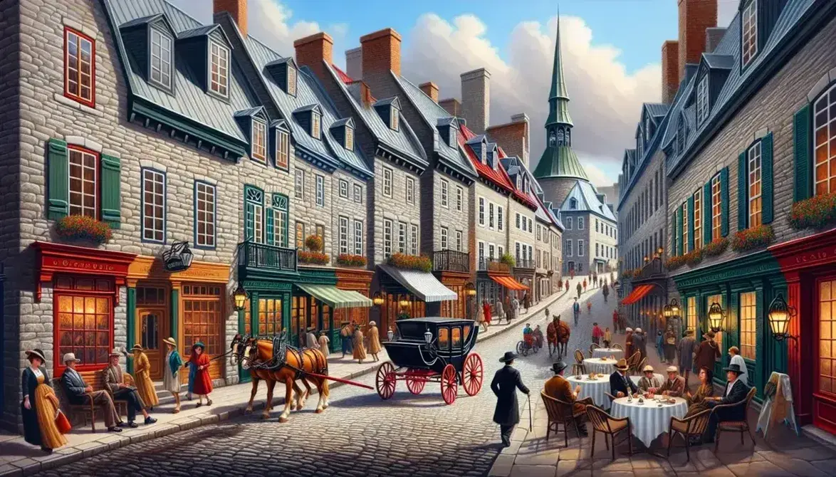 Vibrant Quebec City street scene with cobblestone roads, historic French colonial buildings, a horse-drawn carriage, and an outdoor café under a clear blue sky.