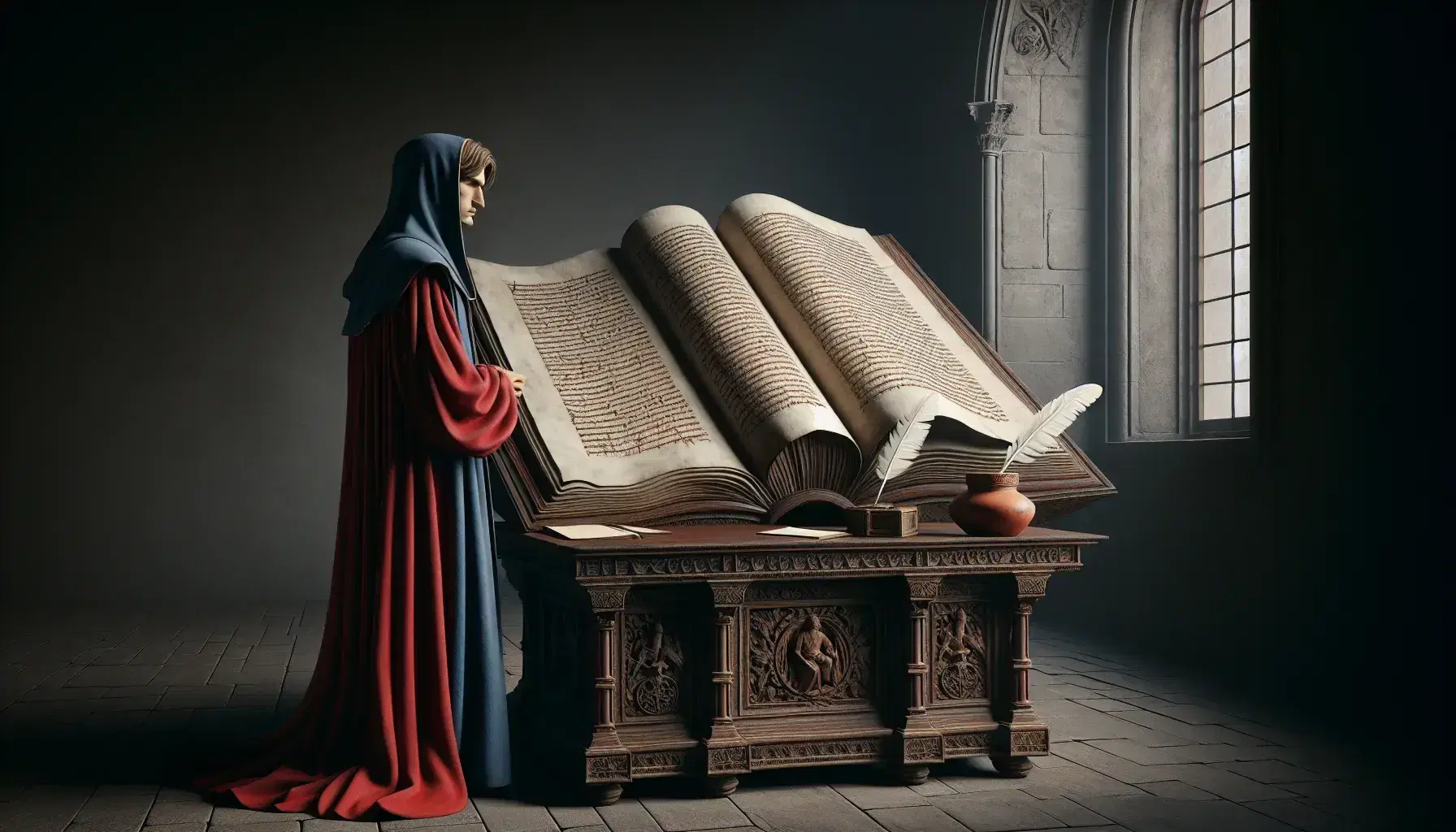 Rappresentazione artistica di Dante Alighieri in abiti medievali rossi e blu, di profilo davanti a un antico libro aperto su scrivania intagliata, con calamaio e penna.