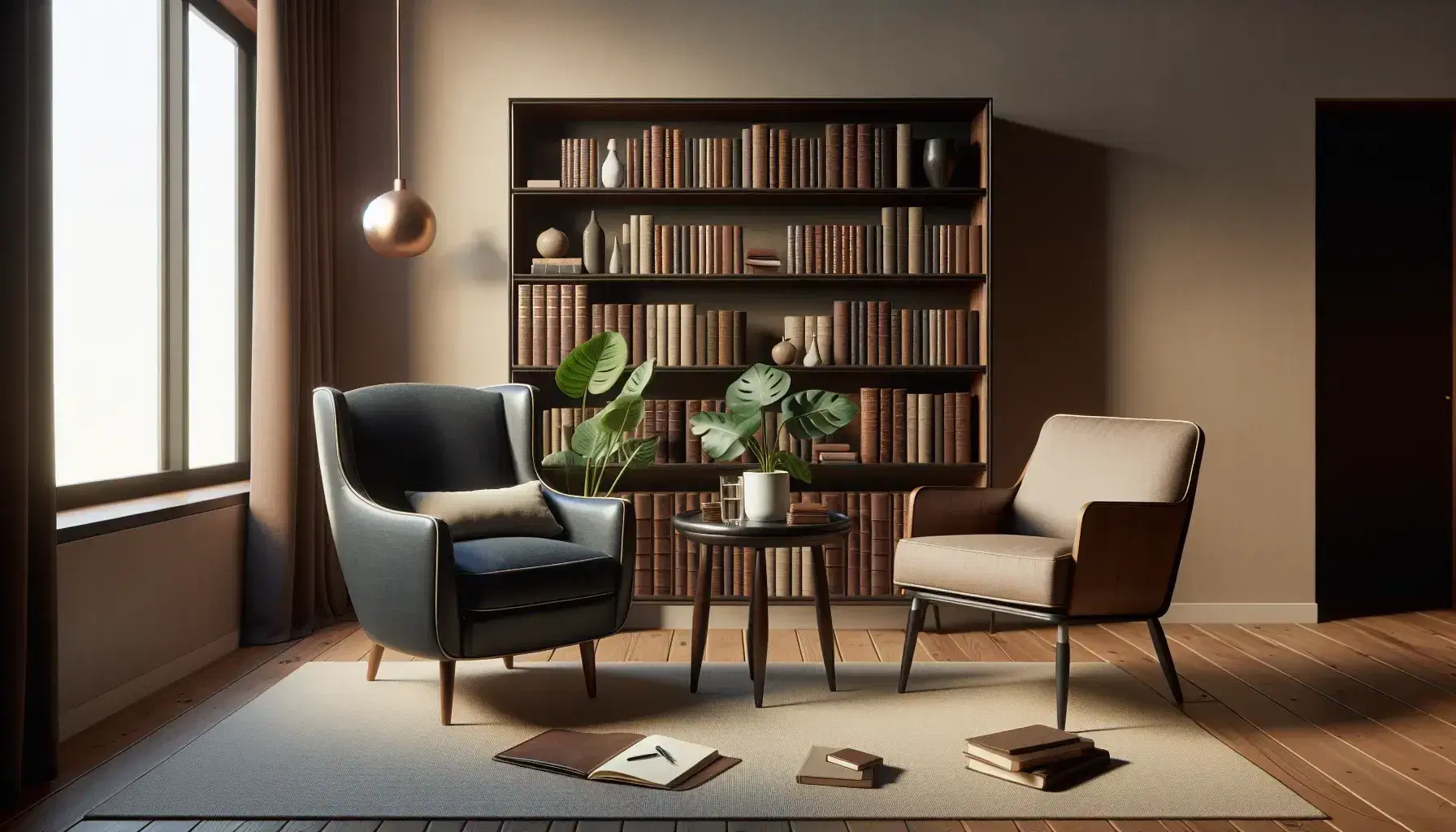 Ufficio di psicologia clinica con poltrona blu, sedia di legno, tavolino con quaderno e pianta, libreria e luce naturale.