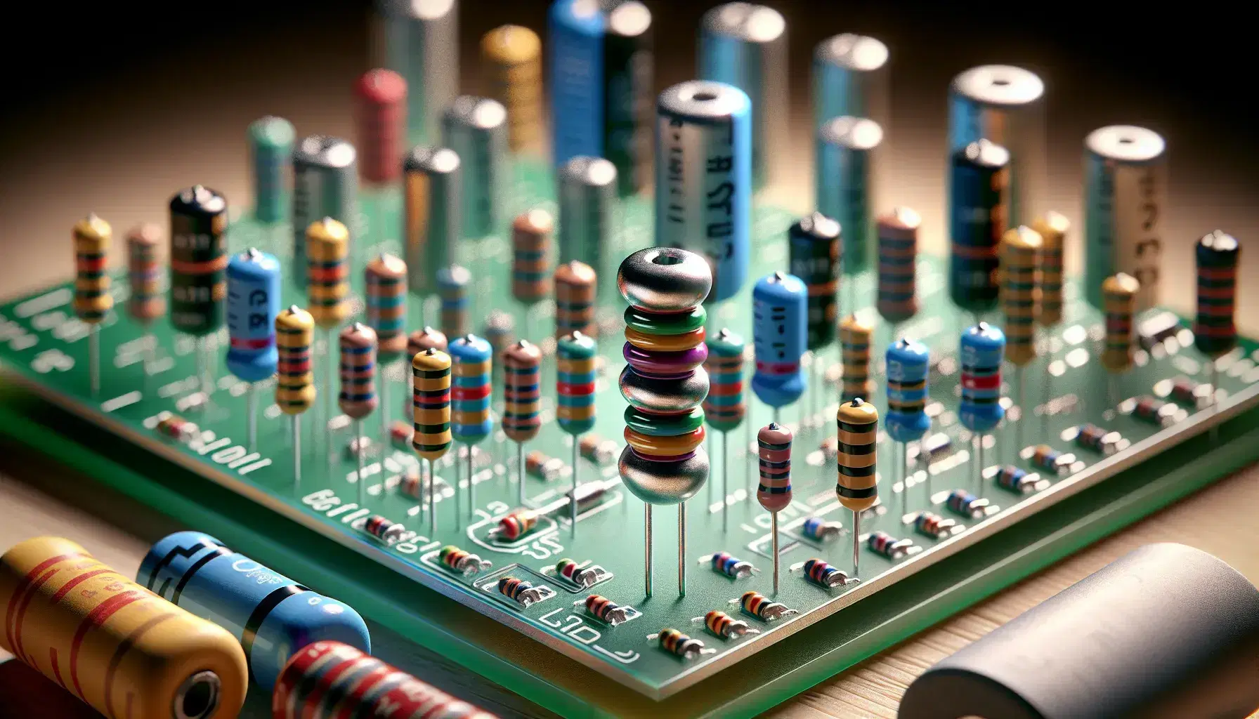 Resistores eléctricos con bandas de colores sobre superficie de madera clara y placa de circuito impreso verde con componentes electrónicos al fondo.