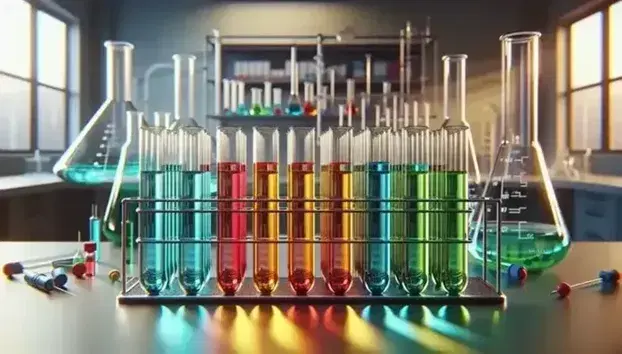 Tubos de ensayo de vidrio con líquidos de colores variados en gradilla metálica, con equipo de laboratorio desenfocado al fondo y reflejos de luz.