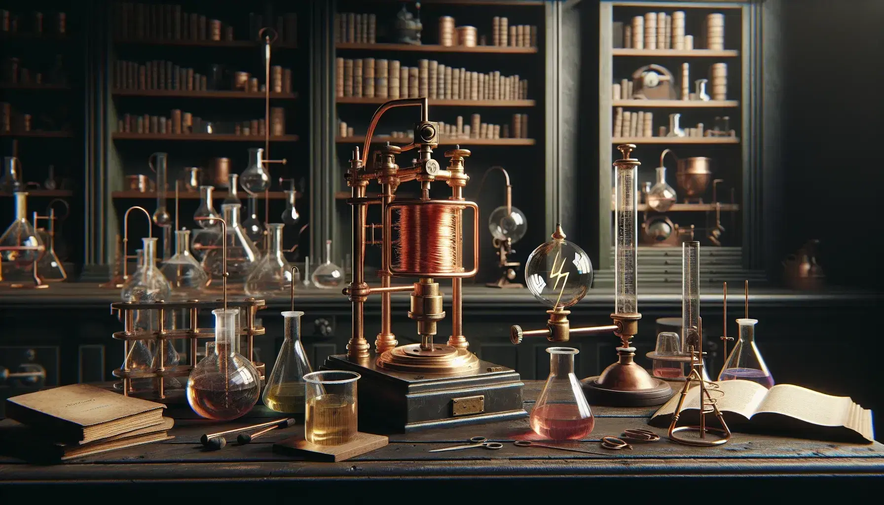Laboratorio del siglo XIX con dispositivo de inducción electromagnética, frascos con sustancias químicas, libros antiguos y microscopio de latón.