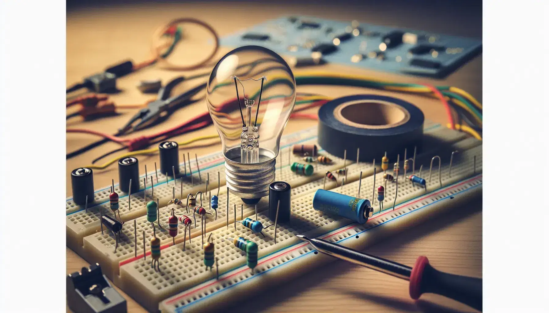 Tavolo in legno chiaro con lampadina a filamento spenta, batteria cilindrica blu, nastro isolante nero, cacciavite rosso e circuito elettronico sfocato.