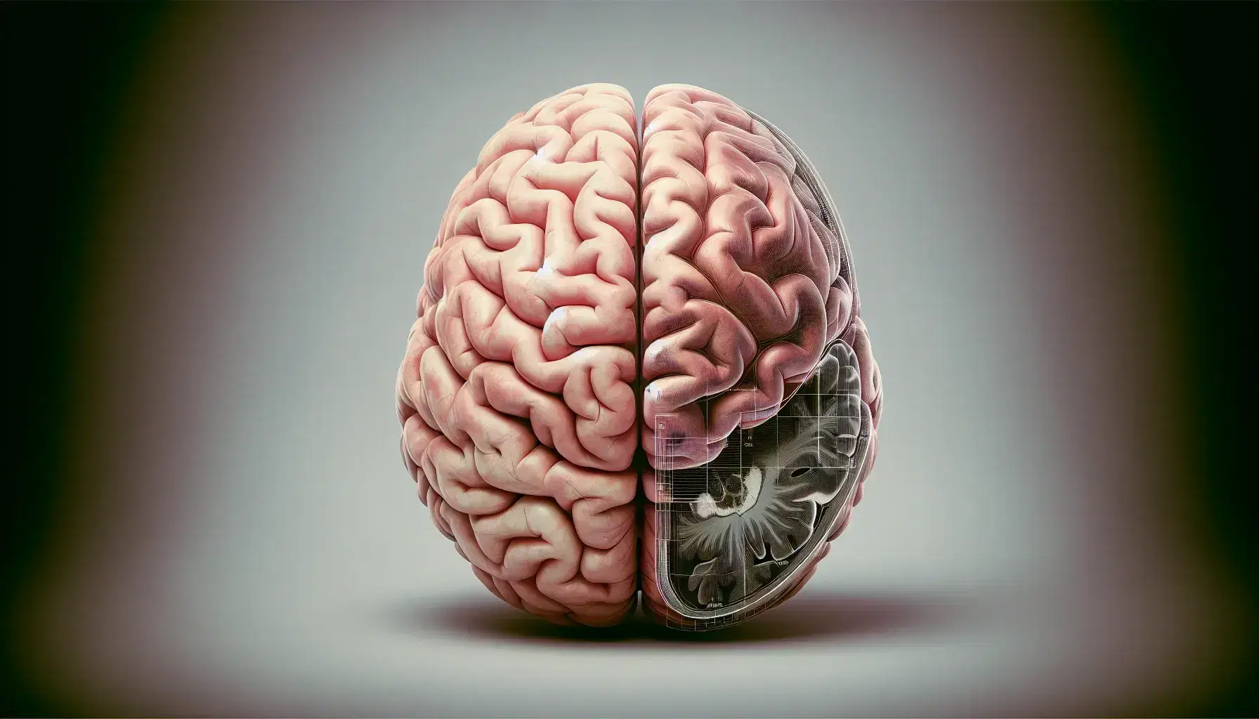Detailed representation of the human brain in lateral perspective with cerebral sulci, in shades of pink and beige on a neutral gray background and an overlay of a grayscale MRI scan.