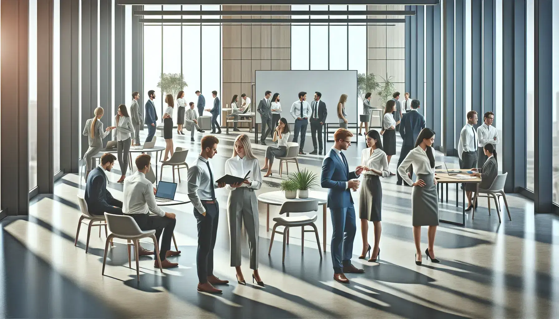 Grupo diverso de profesionales en oficina moderna interactuando y trabajando, con iluminación natural y ambiente de colaboración.