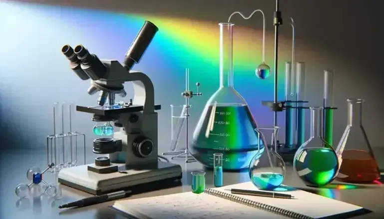 Science laboratory with glass beaker and blue liquid, flask with green solution and condenser, microscope and white notebook on steel bench.