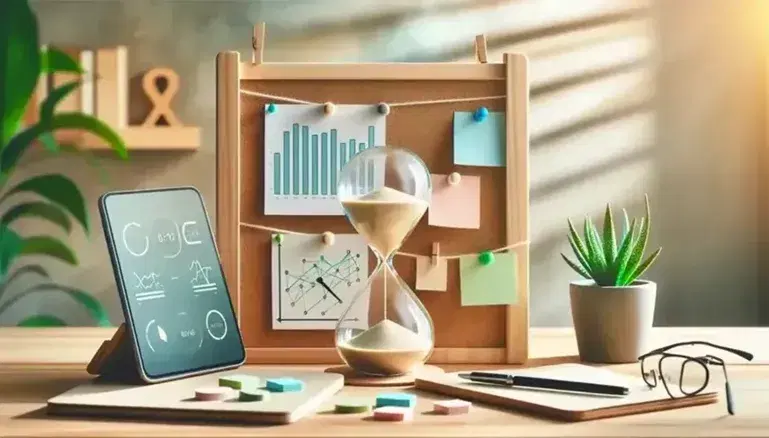Mesa de madera clara con reloj de arena, notas adhesivas, planta, smartphone con gráficos, gafas y portátil con diseño geométrico.