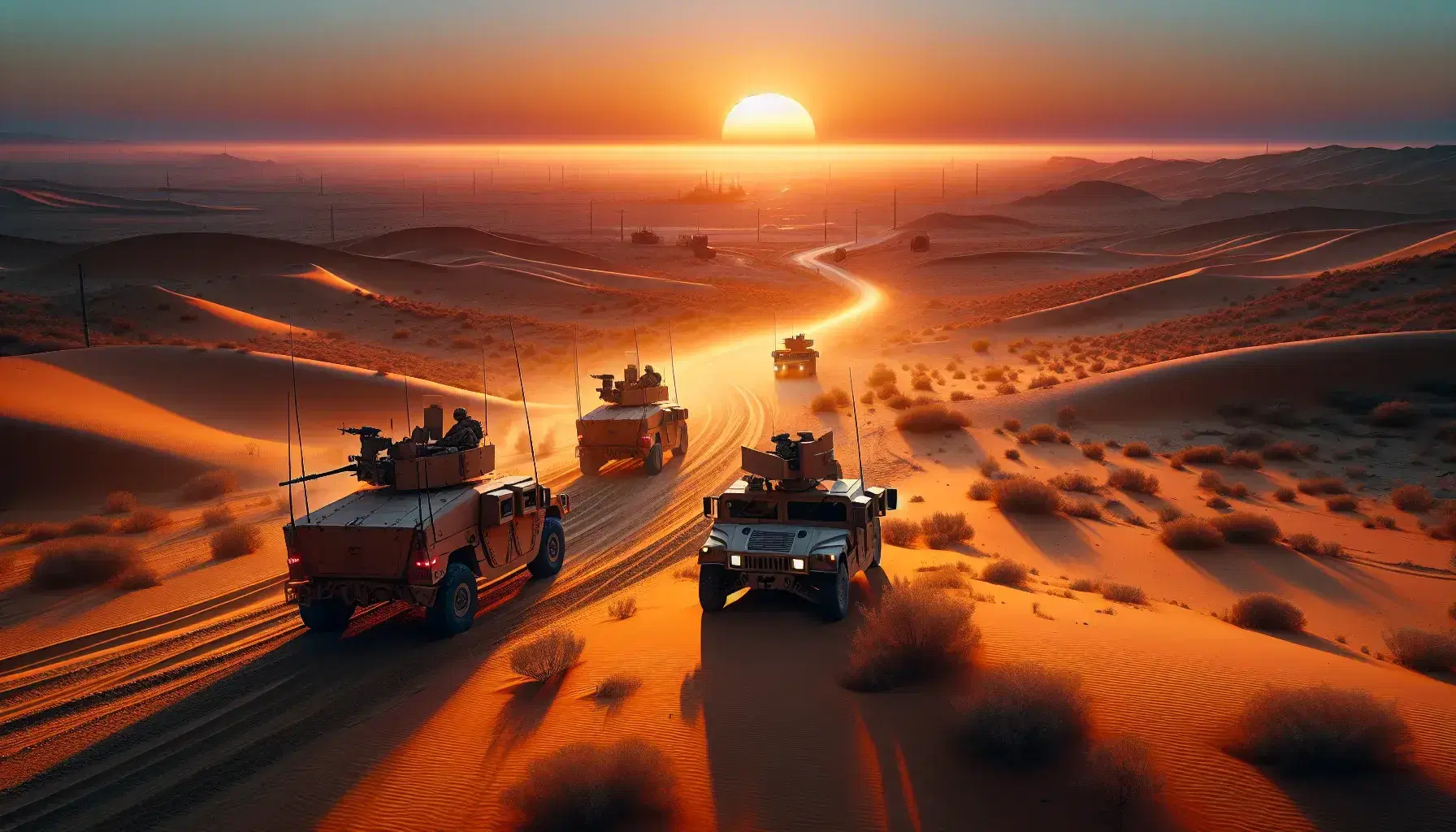 Military convoy with a tank and two humvees traverses a desert road at dusk, under a gradient sky from blue to orange with a distant city silhouette.