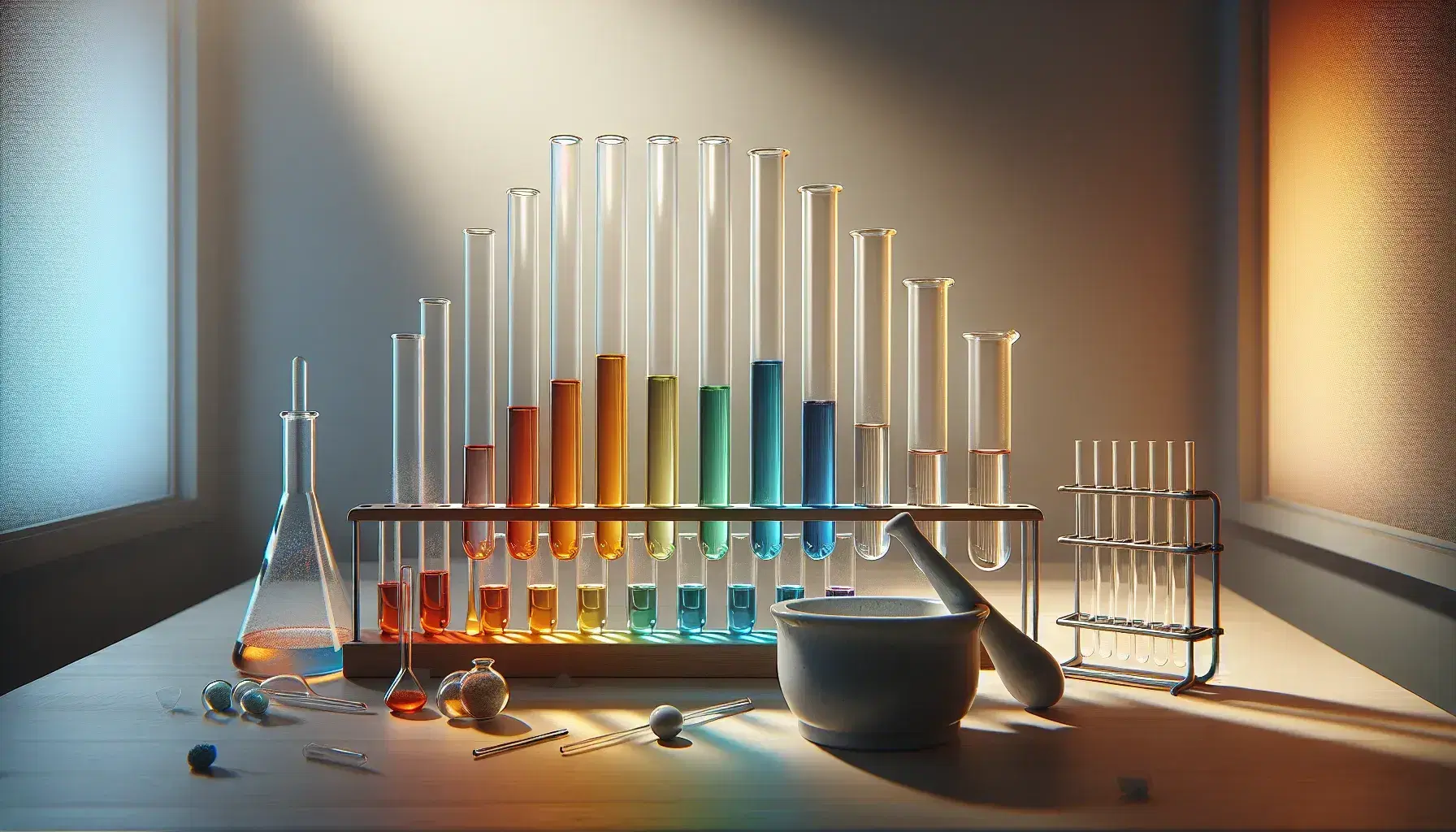 Provette di vetro con soluzioni colorate in ordine crescente su banco da laboratorio, con mortaio, pestello e rastrelliera sullo sfondo.