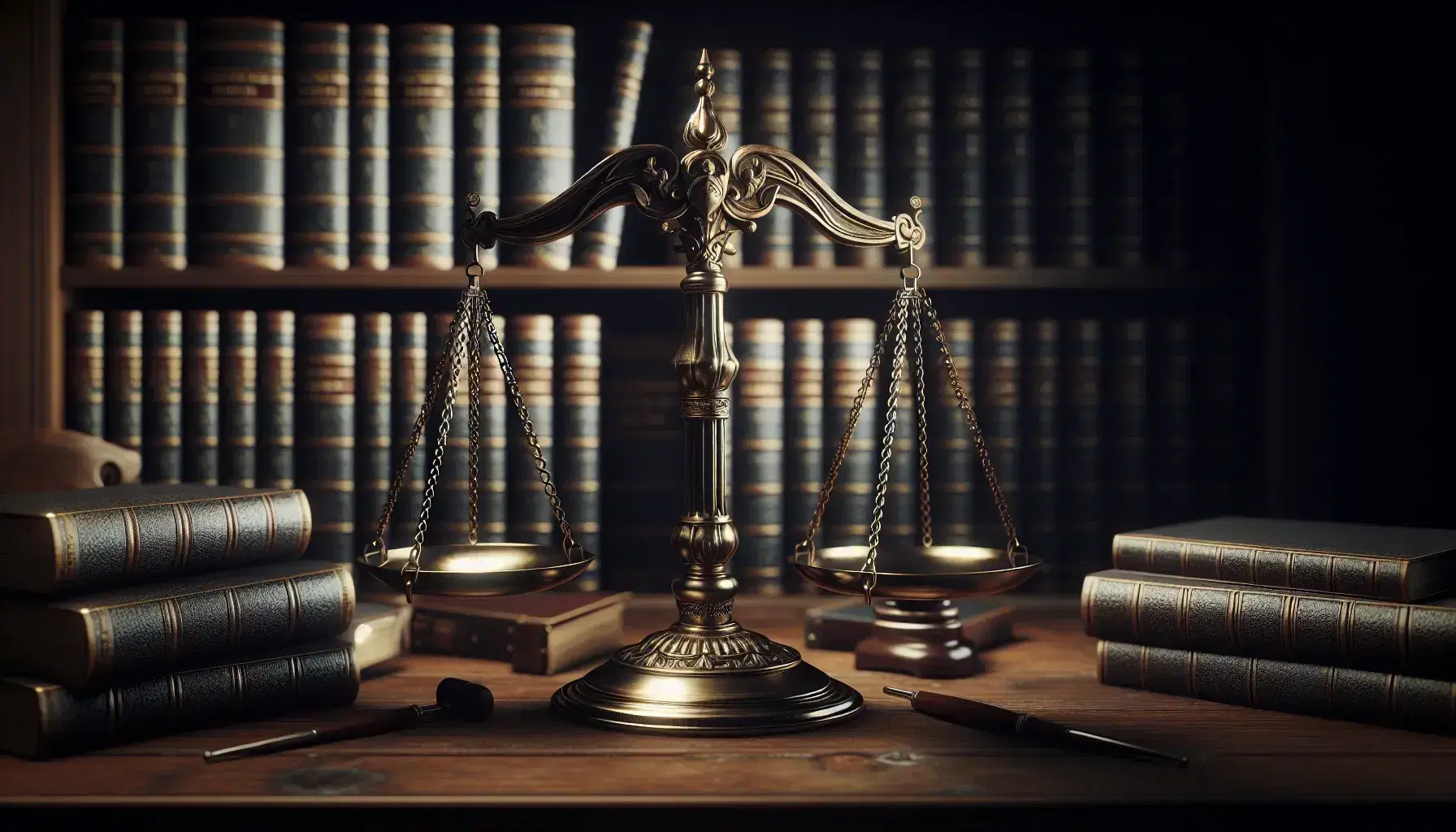 Balanza de justicia clásica equilibrada sobre mesa de madera oscura con libros encuadernados en cuero apilados al azar, sin títulos visibles.