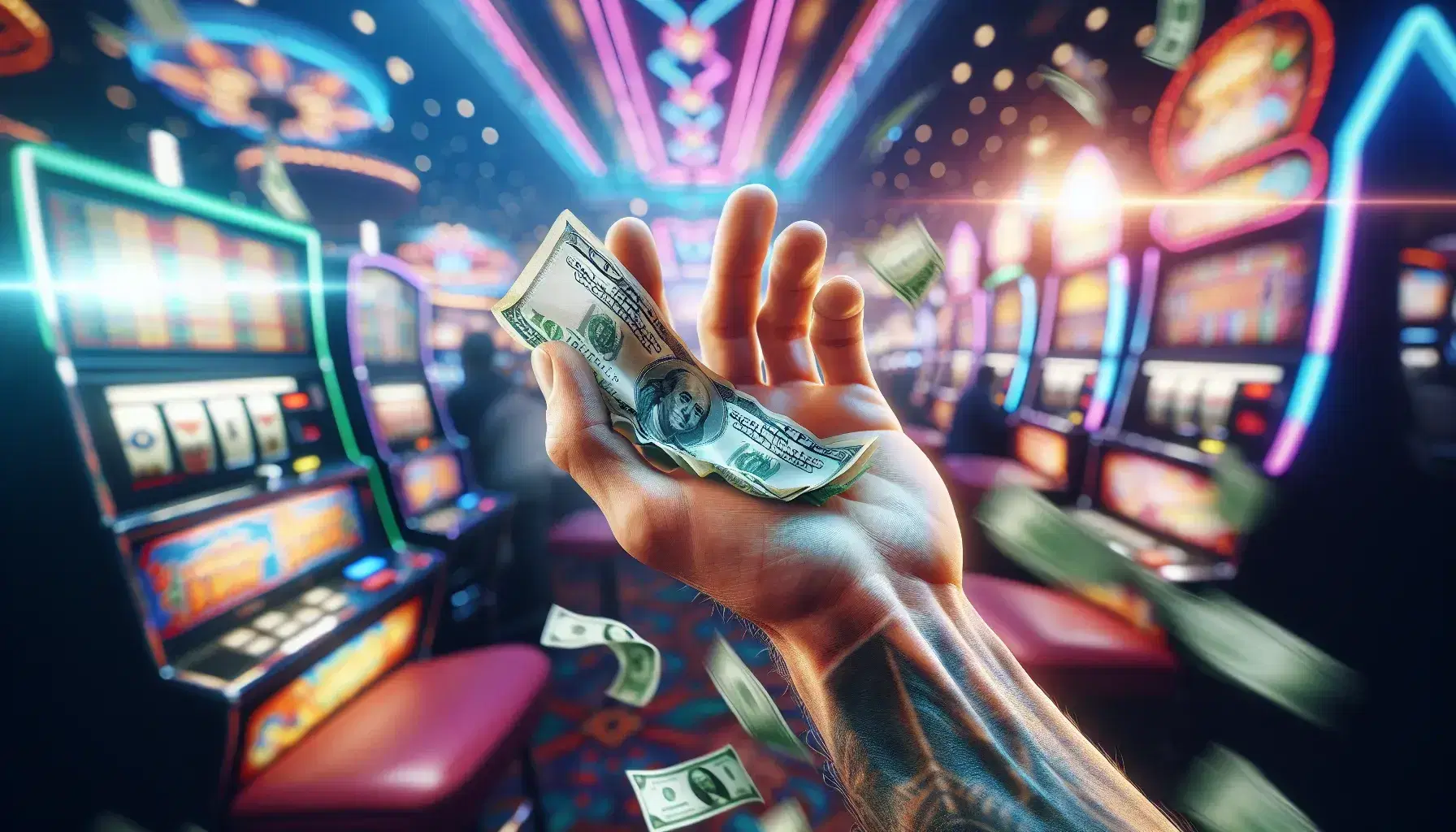 Hands in the foreground with a crumpled dollar banknote and the other open hand, bright blurred background of a casino with slot machine lights.