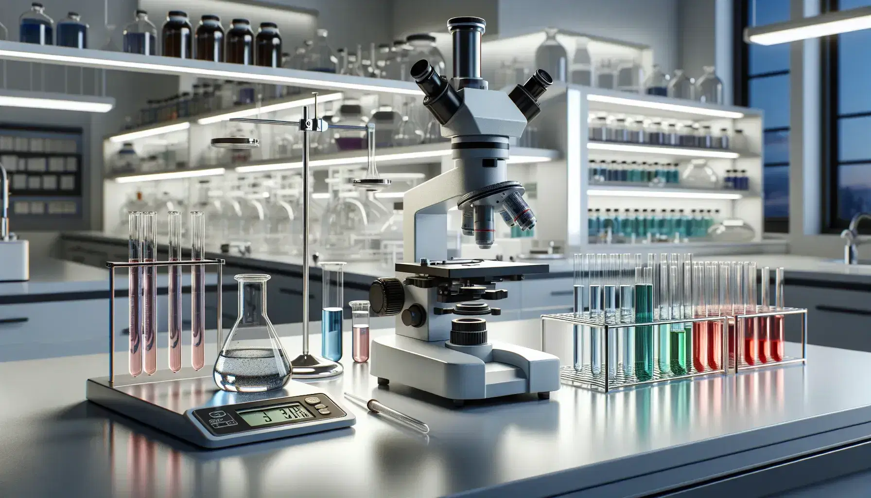 Laboratorio científico moderno con microscopio plateado, tubos de ensayo con líquidos de colores y balanza digital, iluminado por luces LED.