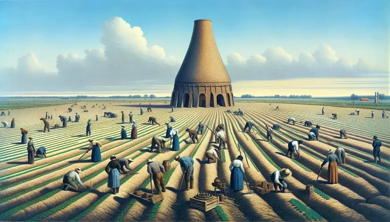 Rural workers manually tending crops in a vast field with a traditional clay furnace under a clear blue sky, reflecting agricultural labor.