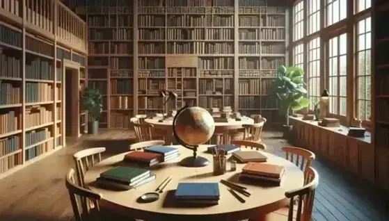 Biblioteca luminosa con estanterías de madera llenas de libros, mesa central con libros abiertos y objetos como lupa y globo terráqueo, ventana grande y planta interior.