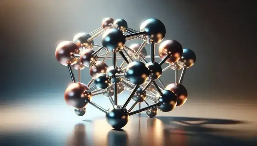 Estructura tridimensional de esferas metálicas en tonos plata, oro y cobre unidas por varillas grises sobre superficie reflectante.