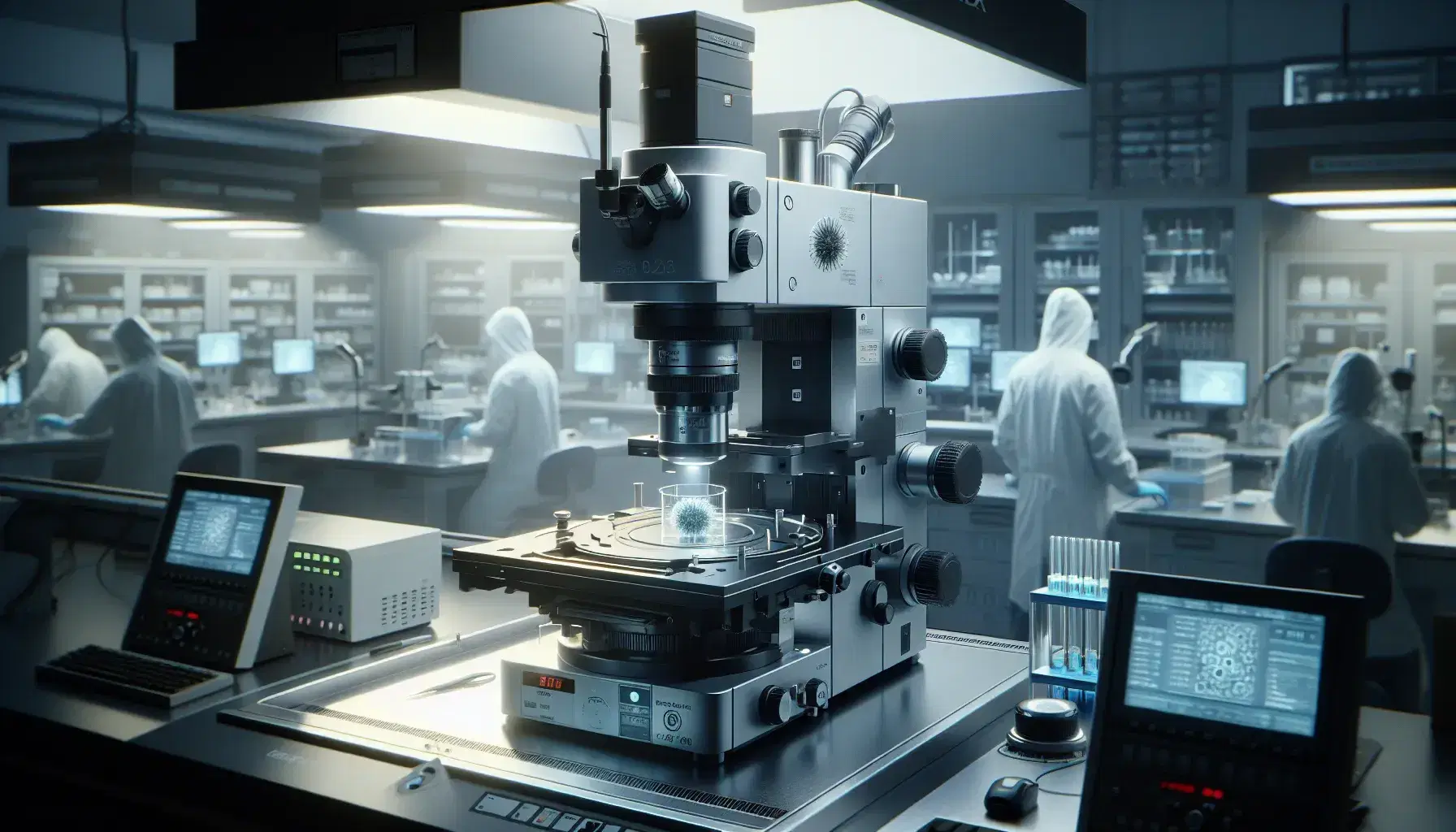 Microscopio elettronico a trasmissione con campione biologico in laboratorio di virologia, ricercatori sfocati sullo sfondo.