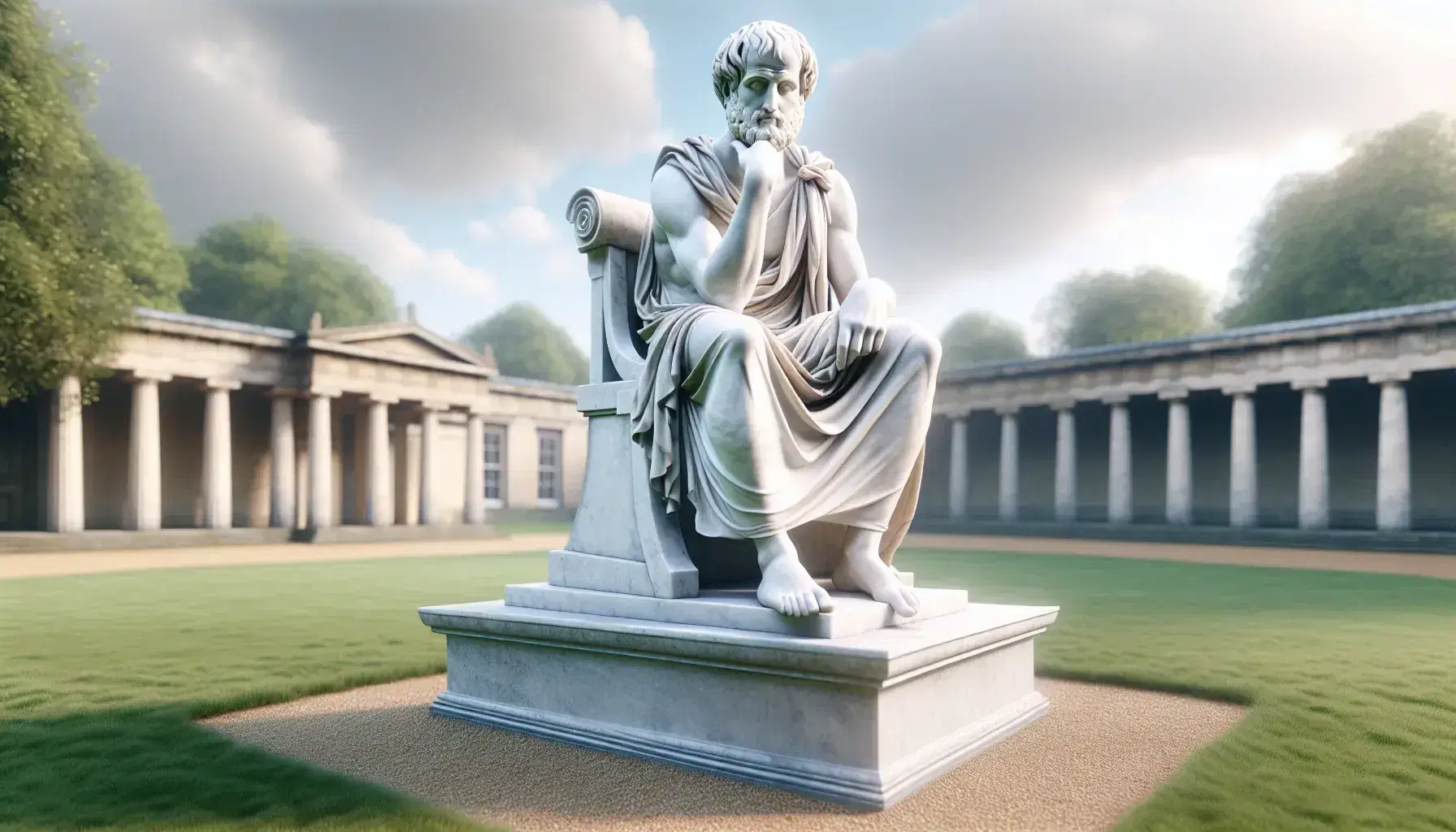 Statua in marmo bianco di Aristotele seduto pensieroso su piedistallo, con sfondo di architettura classica, cielo azzurro e vegetazione.