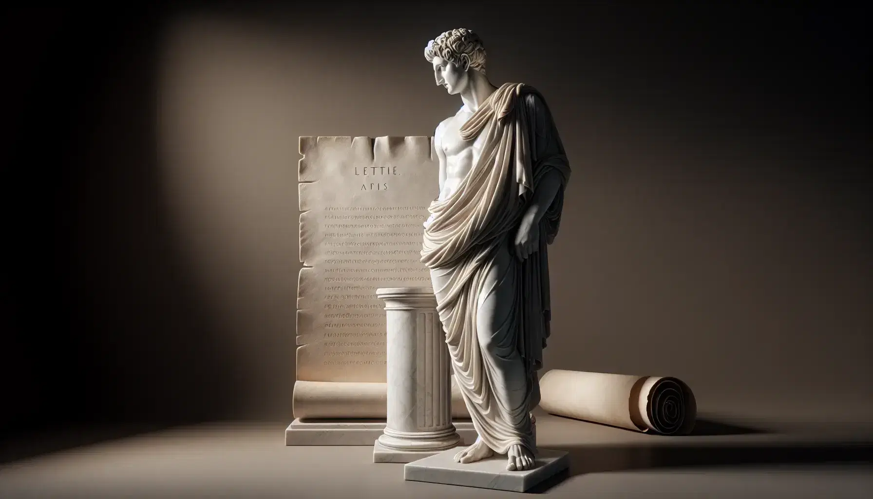 Statua in marmo bianco di figura storica con toga drappeggiata e spalla destra scoperta, capelli stilizzati, su sfondo di pergamena in pietra.