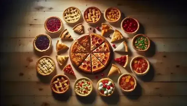 Wooden table with assortment of cakes and a pizza cut into equal portions, with bright colors and golden crusts, ready to be served.