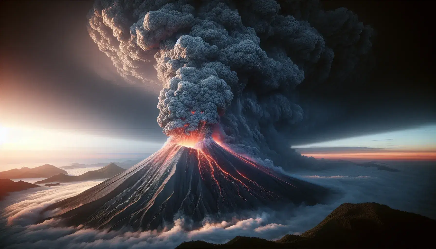 Volcanic eruption with orange lava and gray ash cloud rising into the blue sky, trees in silhouette and pristine landscape.
