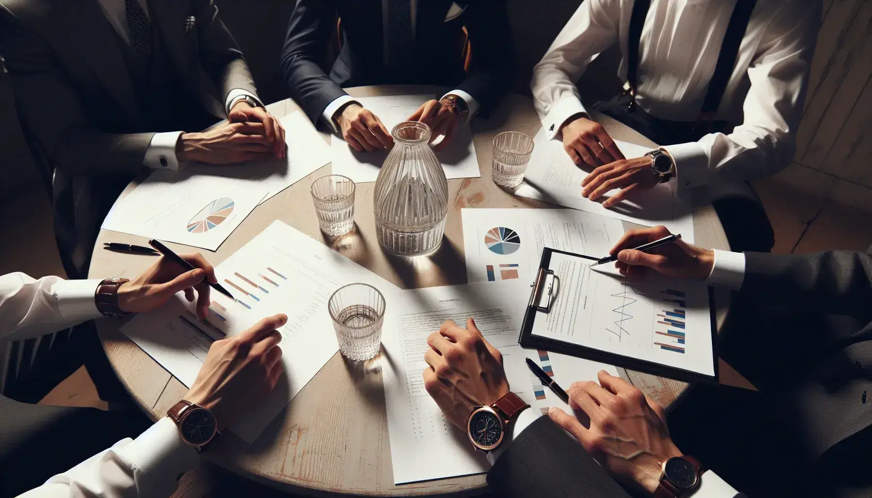 Gruppo di cinque professionisti in abiti formali discute attorno a un tavolo rotondo con grafici, bicchieri d'acqua e lampada.
